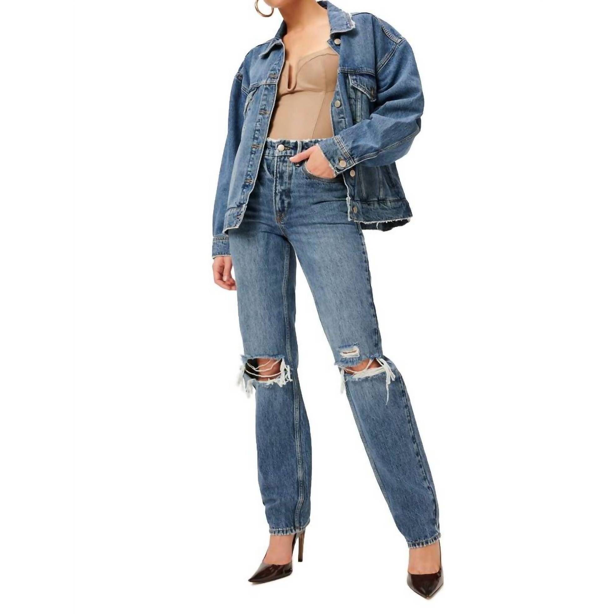 New Good American 90's High Rise Destroyed Straight Leg Jeans In Blue